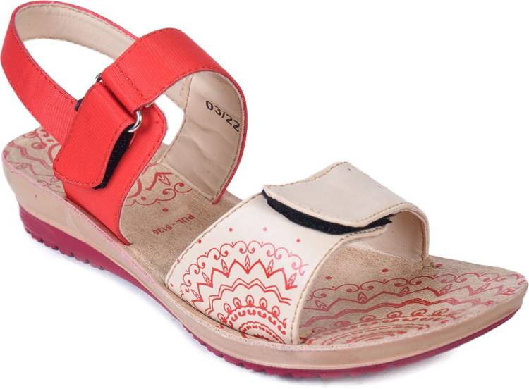Women PU2011 Red, Beige Flats Sandal Price in India
