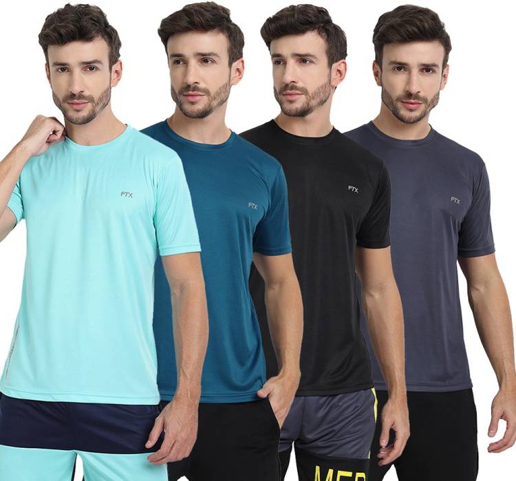 Pack of 4 Solid Men Round Neck Light Blue, Blue, Black, Grey T-Shirt Price in India