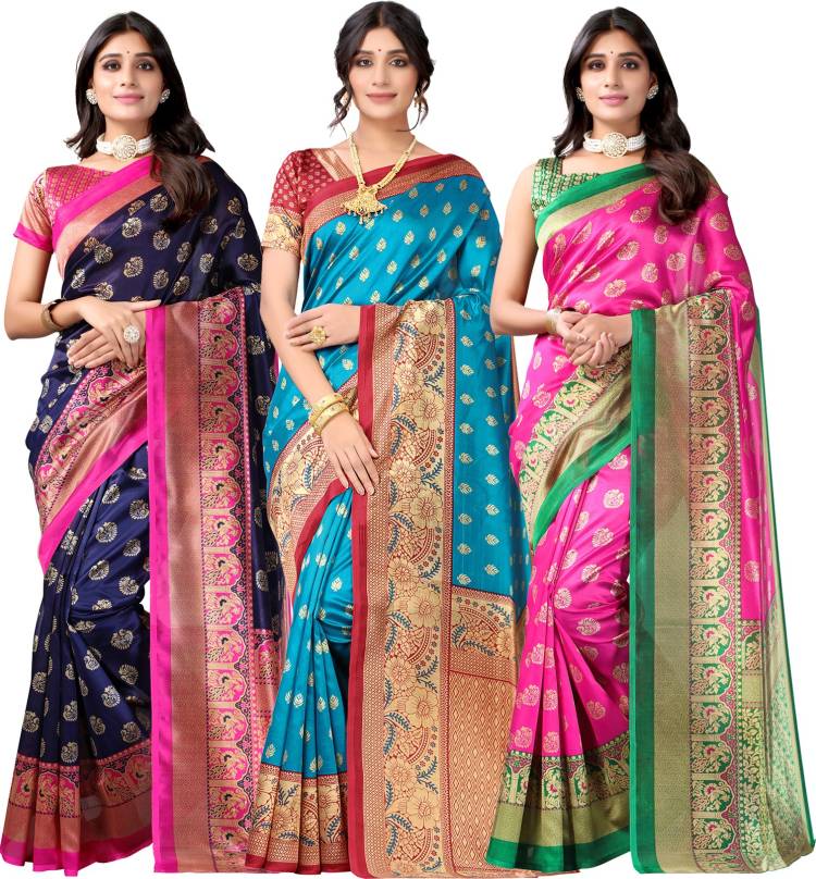 Printed, Striped, Floral Print Banarasi Silk Blend Saree Price in India