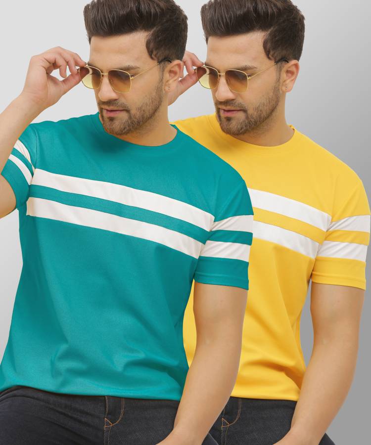 Striped Men Round Neck Blue, Yellow T-Shirt Price in India