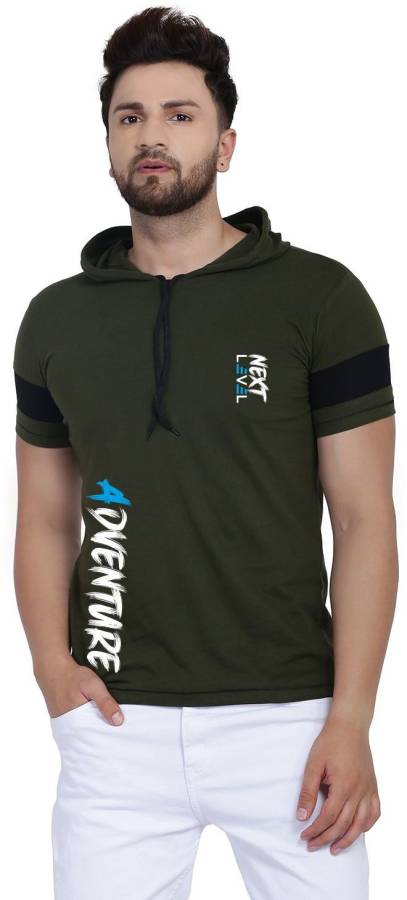 Printed Men Hooded Neck Green T-Shirt Price in India