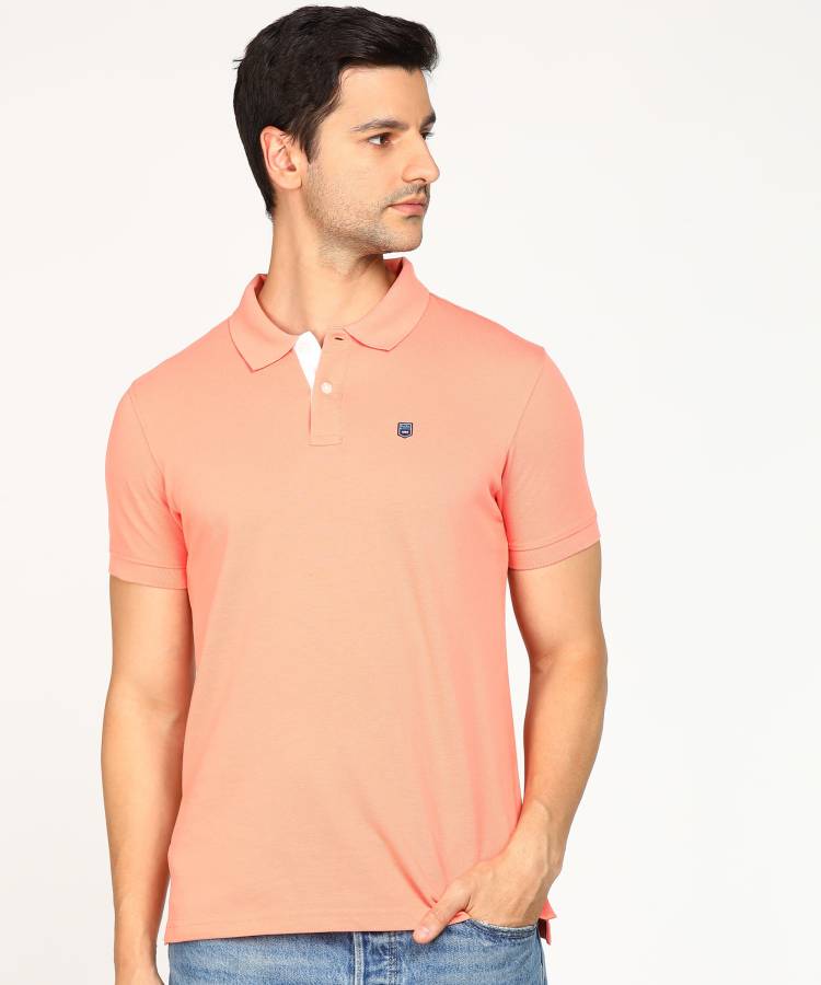 Solid Men Polo Neck Orange T-Shirt Price in India