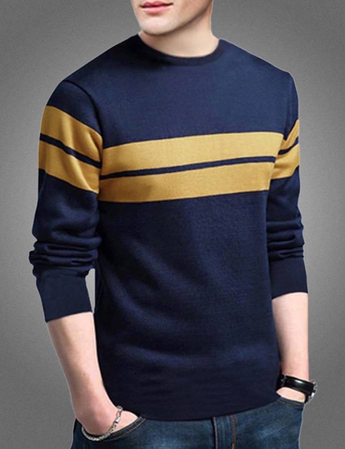 Striped Men Round Neck Reversible Blue T-Shirt Price in India