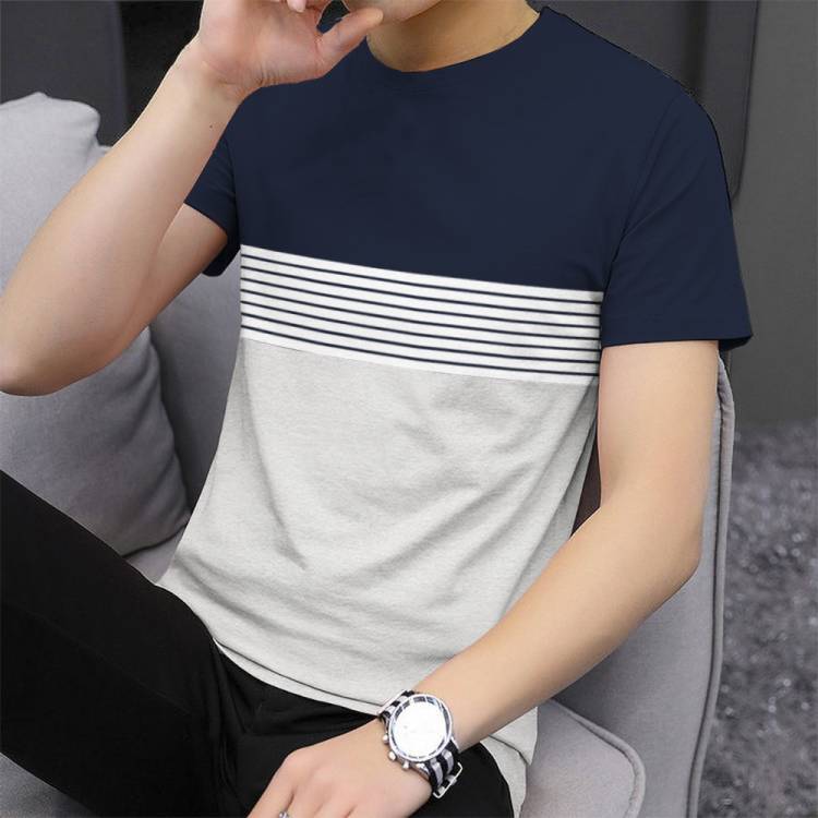 Striped Men Round Neck Dark Blue, White T-Shirt Price in India