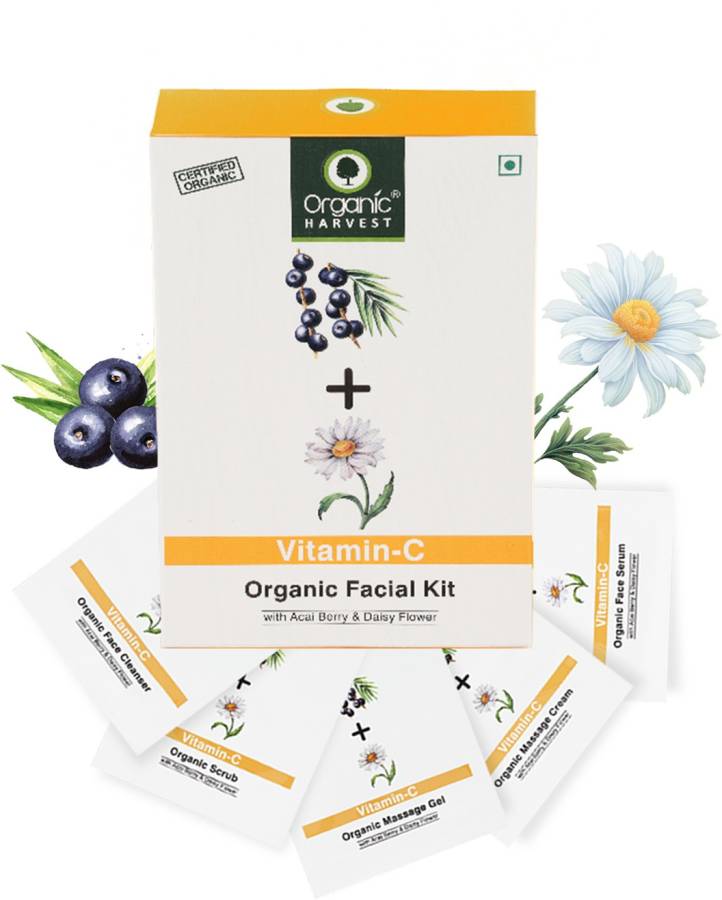 Organic Harvest Vitamin C Facial Kit for Skin Whitening & Brightening, Eliminates Fine Lines & Wrinkles, Infused with Acai Berry & Daisy Flower, Ideal for All Skin Type, Paraben & Sulphate Free Price in India
