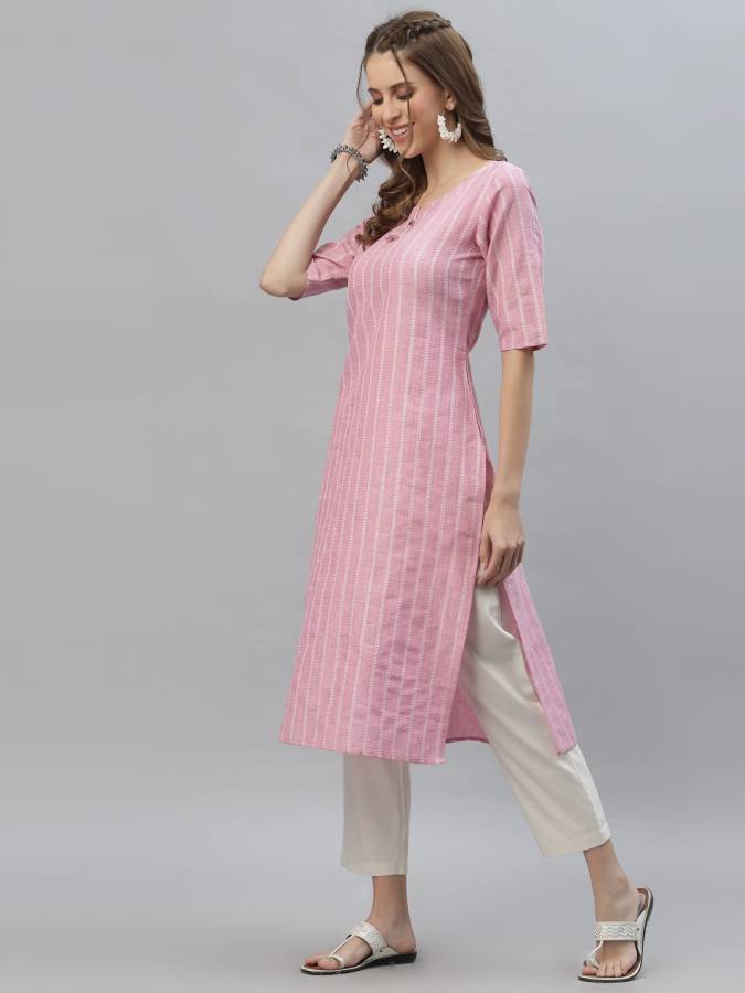 Women Striped Cotton Blend Straight Kurta Price in India