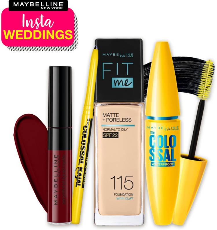 MAYBELLINE NEW YORK InstaWeddings Combo(FitMe Foundation 115+Colossal Waterproof Mascara+Colossal Kajal+Sensational Liquid Matte,Soft Wine (161g) Price in India