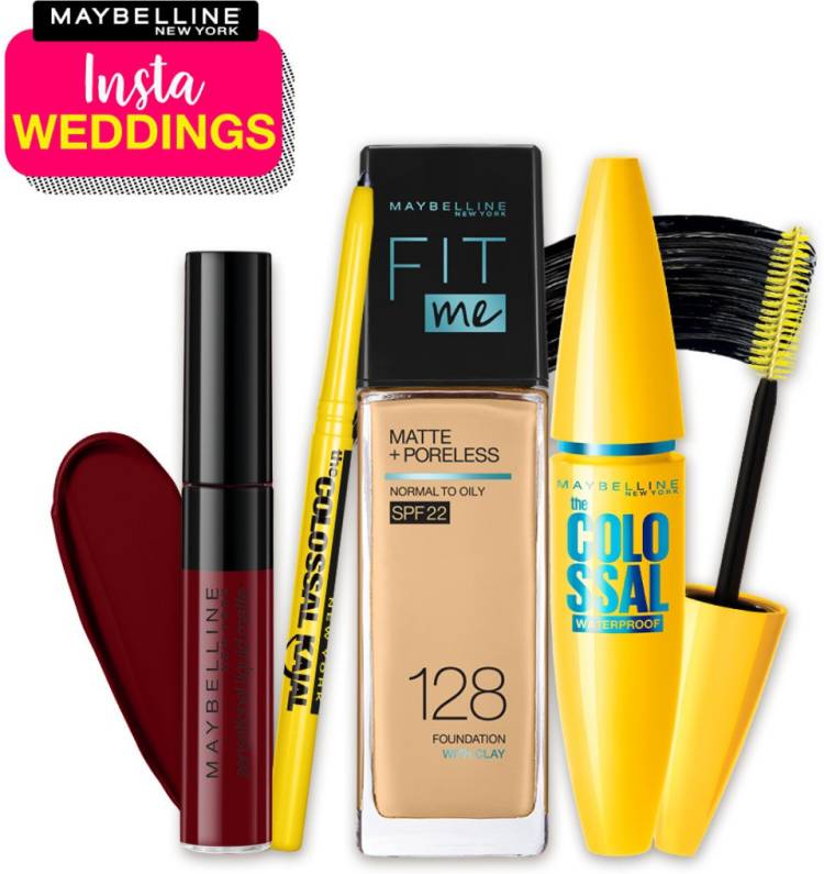 MAYBELLINE NEW YORK InstaWeddings Combo(FitMe Foundation 128+Colossal Waterproof Mascara+Colossal Kajal+Sensational Liquid Matte,Soft Wine (161g) Price in India