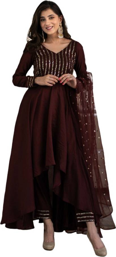 Semi Stitched Crepe Gown/Anarkali Kurta & Bottom Material Embroidered Price in India