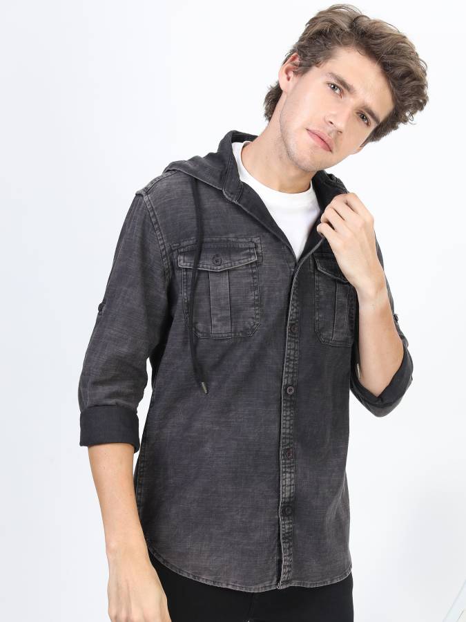 Men Slim Fit Solid Hood Collar Casual Shirt Price in India