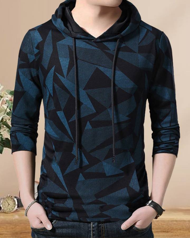 Printed Men Hooded Neck Black, Blue T-Shirt Price in India