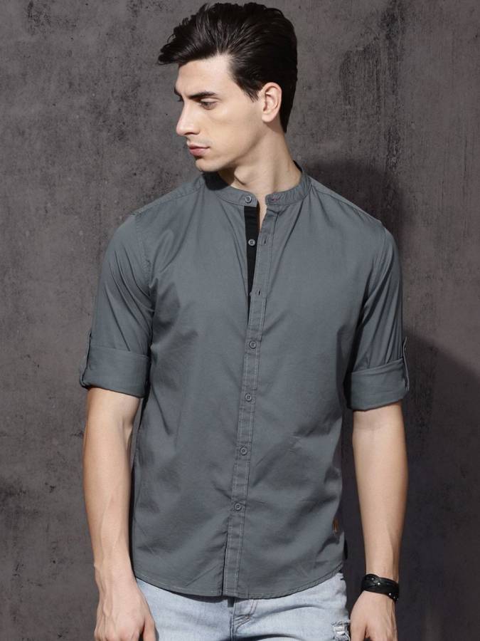 Men Slim Fit Solid Mandarin Collar Casual Shirt Price in India