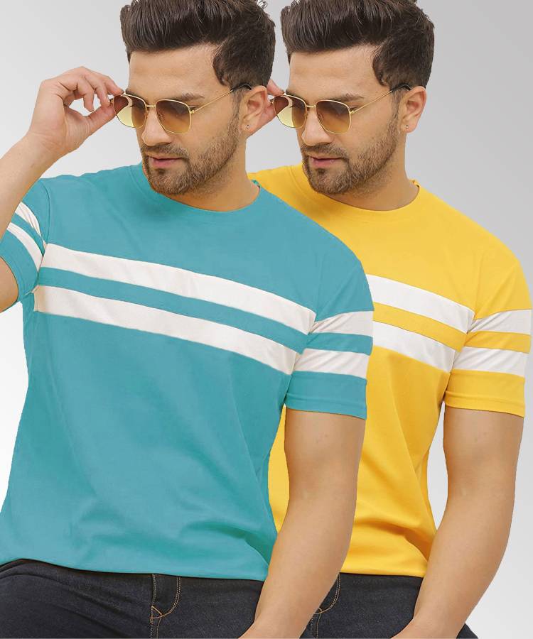 Striped Men Round Neck Blue, Yellow T-Shirt Price in India