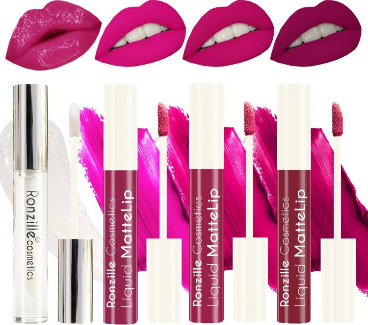 RONZILLE Non Transfer Matte liquid lipstick plus Lip gloss Pink Edition Pack of 4 Price in India