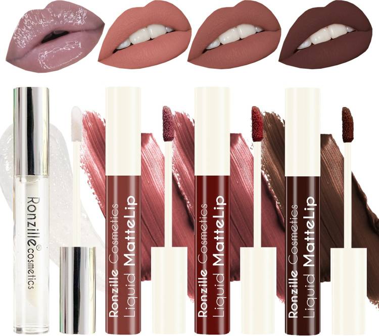 RONZILLE Matte liquid lipstick plus Lip gloss Nudee Edition Pack of 4 Price in India