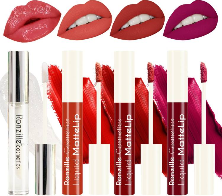 RONZILLE Non Transfer Matte liquid lipstick plus Lip gloss Red Edition Pack of 4 Price in India