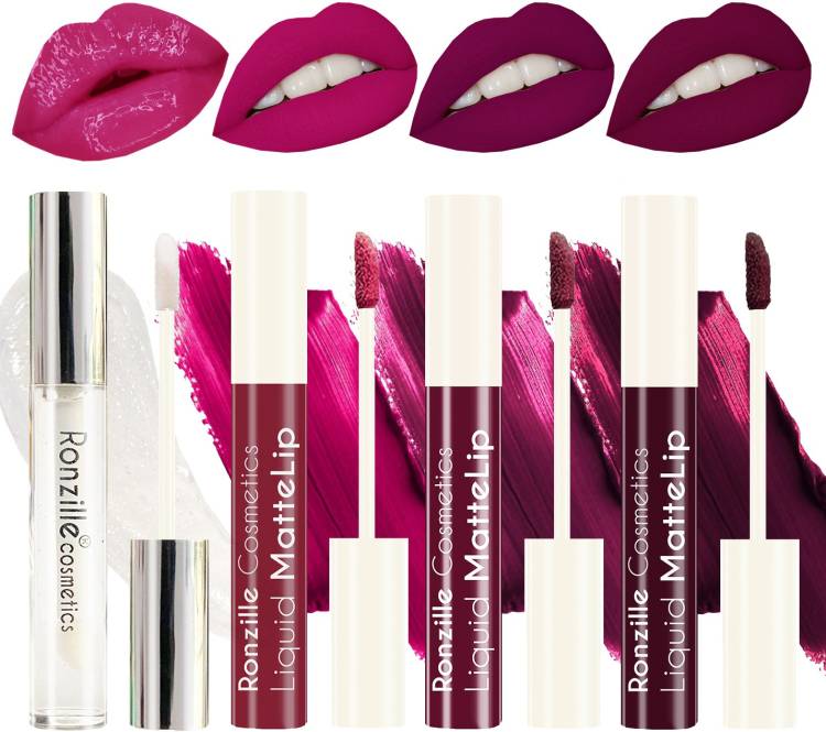 RONZILLE Matte liquid lipstick plus Lip gloss Purple Edition Pack of 4 Price in India
