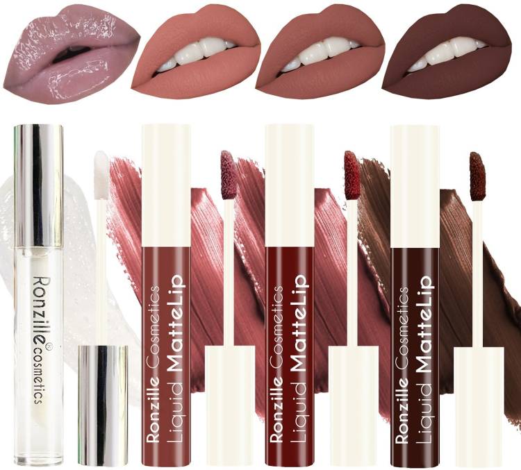 RONZILLE Matte liquid lipstick Non Transfer plus Lip gloss Nude Edition Pack of 4 Price in India