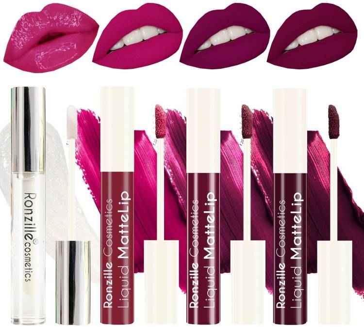 RONZILLE Matte liquid lipstick Non Transfer plus Lip gloss Purple Edition Pack of 4 Price in India