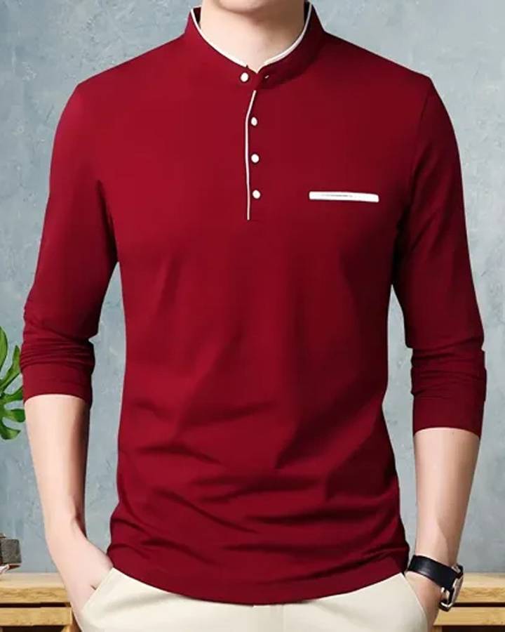 Solid Men Mandarin Collar Maroon T-Shirt Price in India