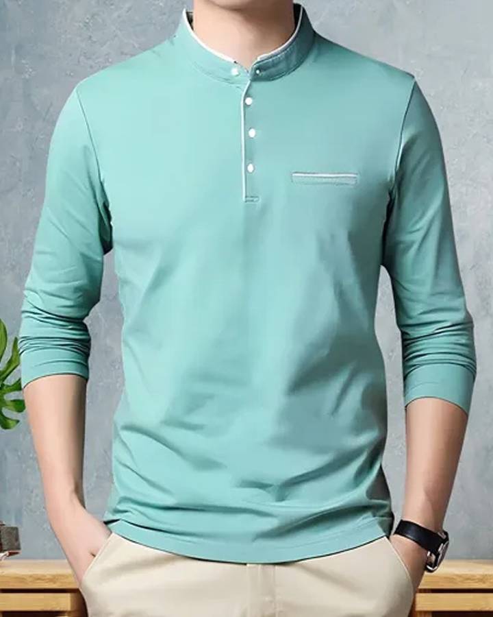 Solid Men Mandarin Collar Green, White T-Shirt Price in India