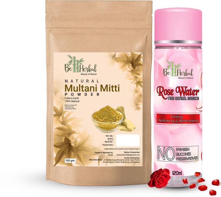 BE HERBAL Multani mitti powder 100gm+Rose water 120ml combo Face & Skin Glow &100% Natural Price in India