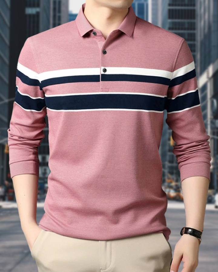 Striped Men Polo Neck White, Pink, Navy Blue T-Shirt Price in India