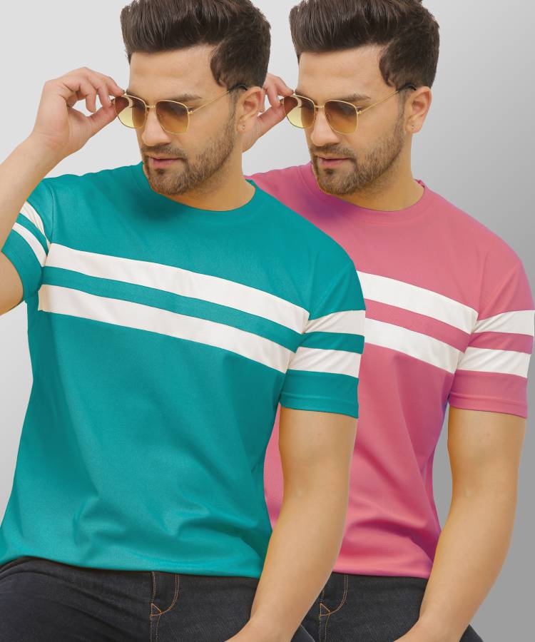 Pack of 2 Striped Men Round Neck Blue, Pink T-Shirt Price in India