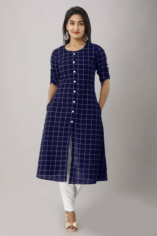 Women Checkered Cotton Silk Straight Kurta Price in India