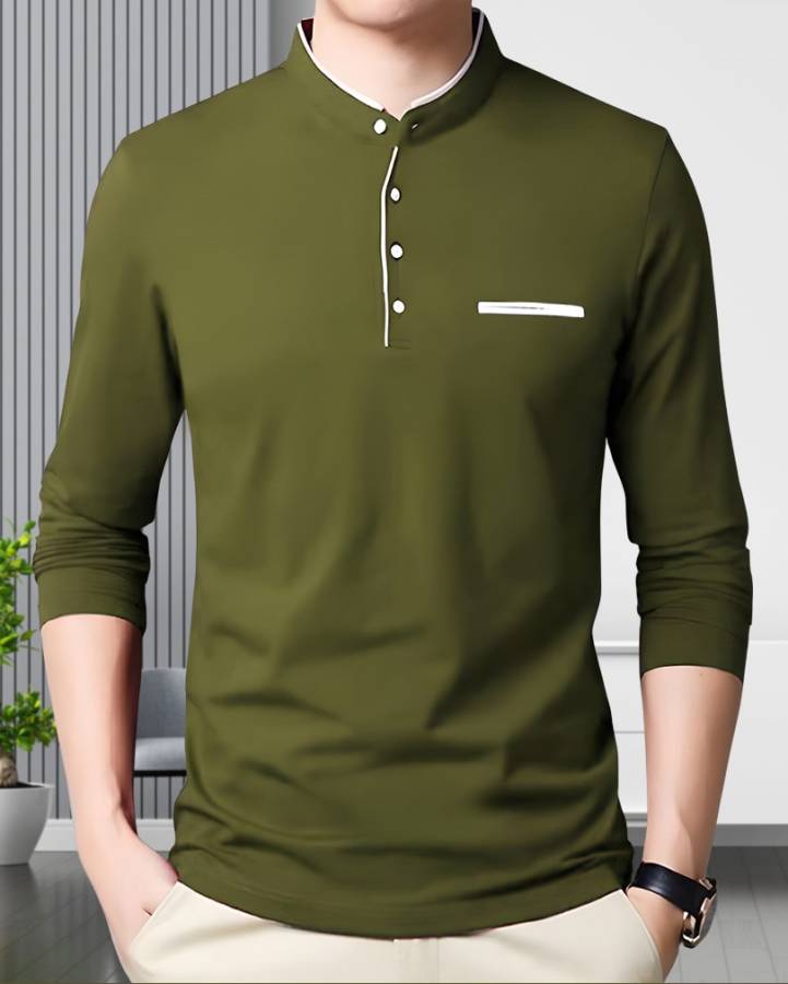 Solid Men Mandarin Collar Dark Green T-Shirt Price in India