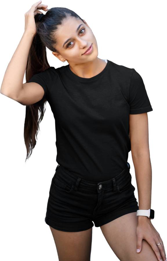 Plain Solid Women Round Neck Black T-Shirt Price in India