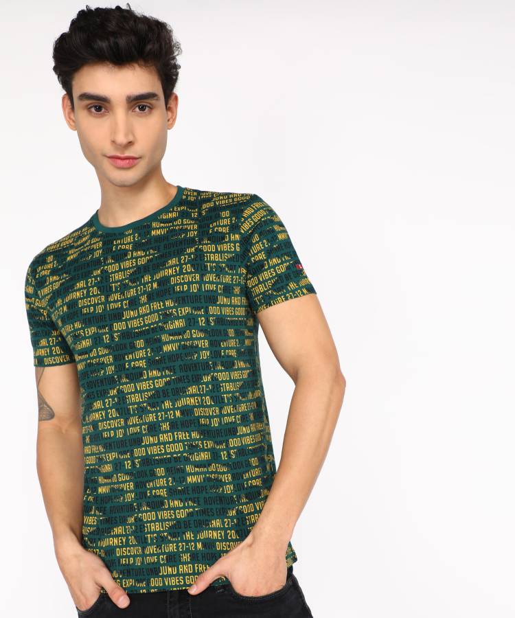 Printed Men Round Neck Green T-Shirt Price in India