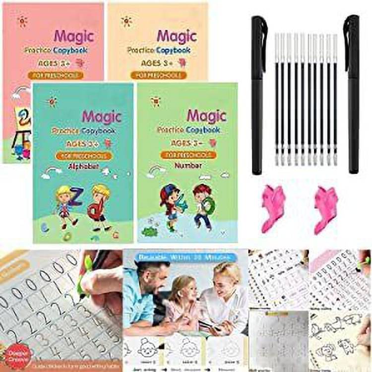 mil9us 4pcs Set Magic Practice Copybook with English Language Printing, Calligraphy Magic Copybook for Children Activity Kids Book (Small)