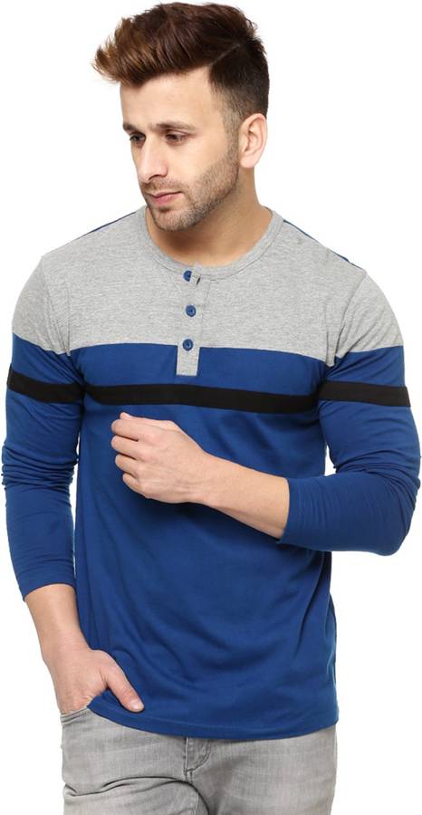 Striped Men Henley Blue, Grey T-Shirt