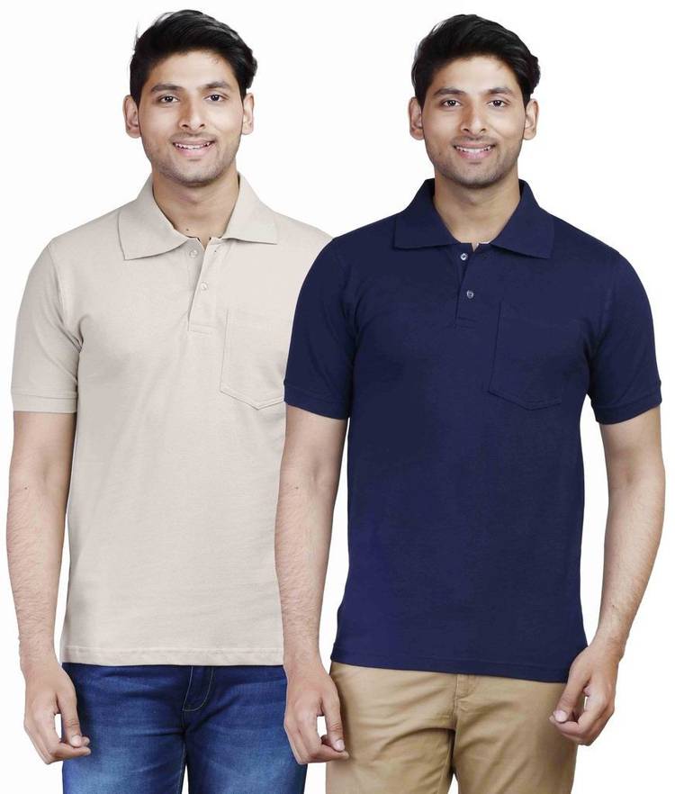 Solid Men Polo Neck Dark Blue, Beige T-Shirt