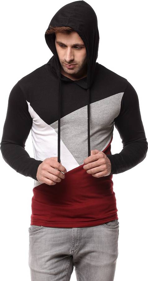Solid Men Hooded Maroon, Black T-Shirt