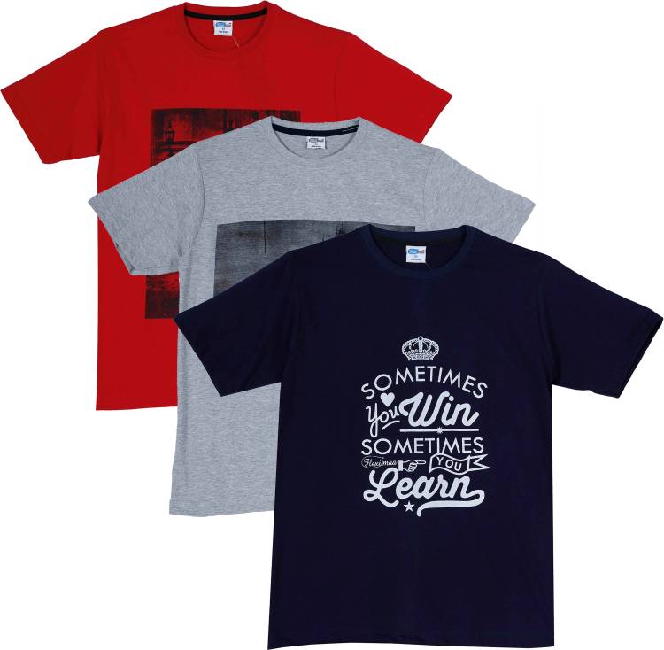 Printed Men Round Neck Red, Blue, Grey T-Shirt