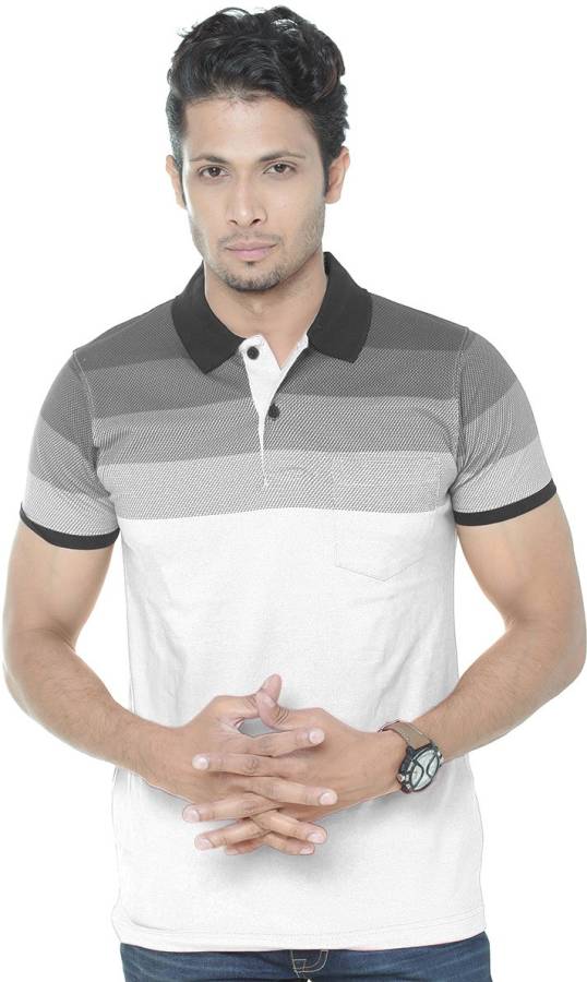 Striped Men Polo Neck White T-Shirt