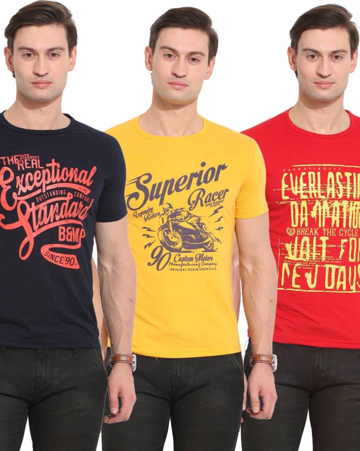 Printed Men Round or Crew Red, Yellow T-Shirt Price in India
