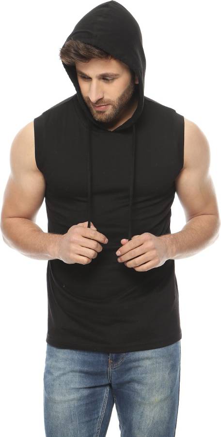 Solid Men Hooded Black T-Shirt Price in India