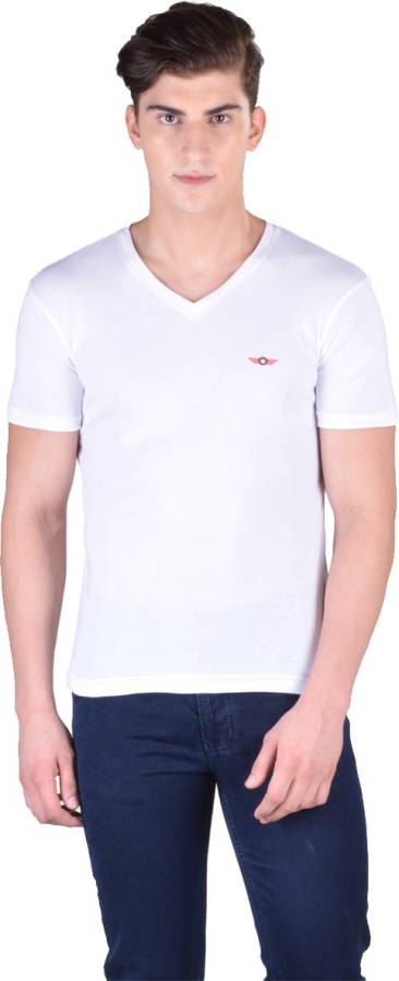 Solid Men V-neck White T-Shirt Price in India