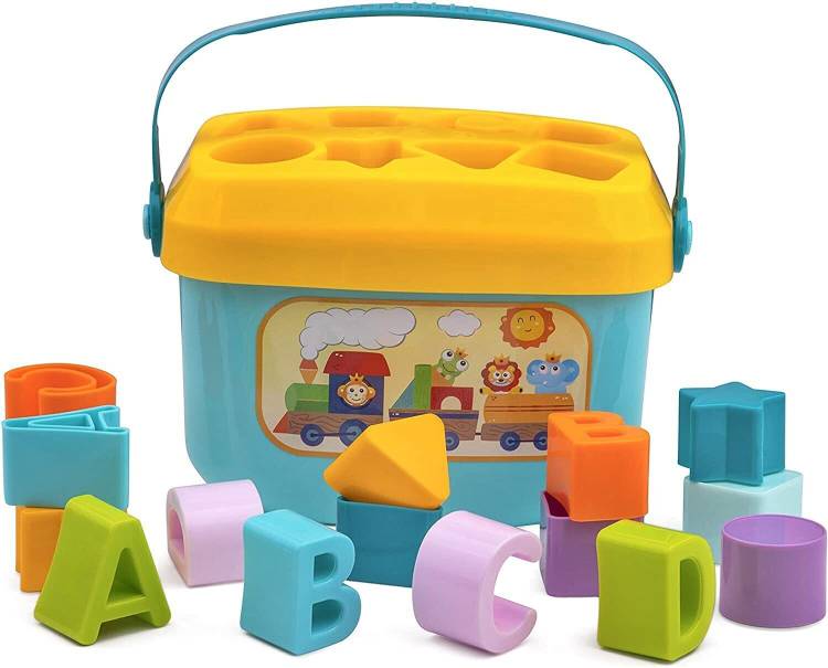 Hasper Tex Toys Basic Baby First Sorting Blocks with Colourful Shapes and Alphabets Learning Toy Activity Game for Kids Educational Development Toy Game with Storage Bucket Alphabets and Shape Learning Blocks Sorting Blocks for Baby