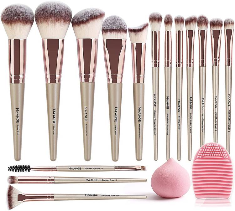 Maange Makeup Brushes 15 Pcs With 1 Makeup Sponge & 1 Brush Cleaner (Champagne) Price in India