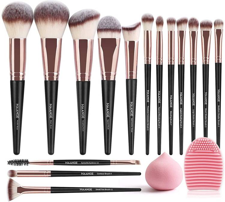 Maange Makeup Brushes set 15 Pcs with 1 Makeup Sponge & 1 Brush Cleaner (Black Gold) Price in India