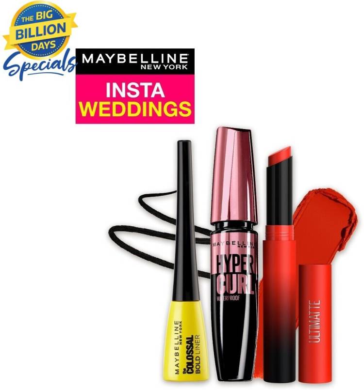 MAYBELLINE NEW YORK InstaWeddings Pack of 3-Ultimatte Lipstick,Colossal Liner,Hypercurl Mascara Price in India