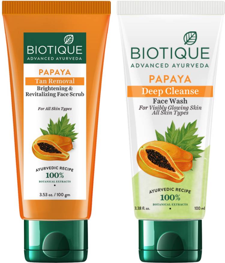 BIOTIQUE Face Care Combo Papaya Tan Removal Face Scrub & Papaya Deep Cleanse Face Wash Price in India