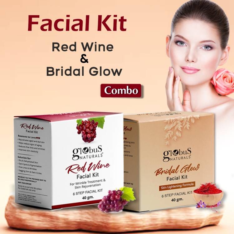 Globus Naturals Facial Kit Combo-Wrinkle Control Red Wine & Skin Lightening Bridal Glow Facial Kit, For All Skin Types Price in India