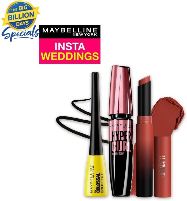 MAYBELLINE NEW YORK InstaWeddings Pack of 3-Ultimatte Lipstick,Colossal Bold Liner,Hypercurl Mascara Price in India