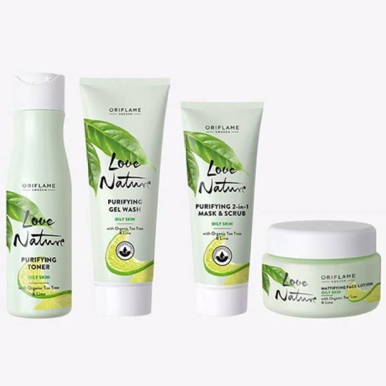 Oriflame LOVE NATURE Purifying Gel Wash with Organic Tea Tree & Lime 125 ml , Toner 150 ml , 2-in-1 Mask & Scrub 75 ml, Face Lotion 50 ml Price in India