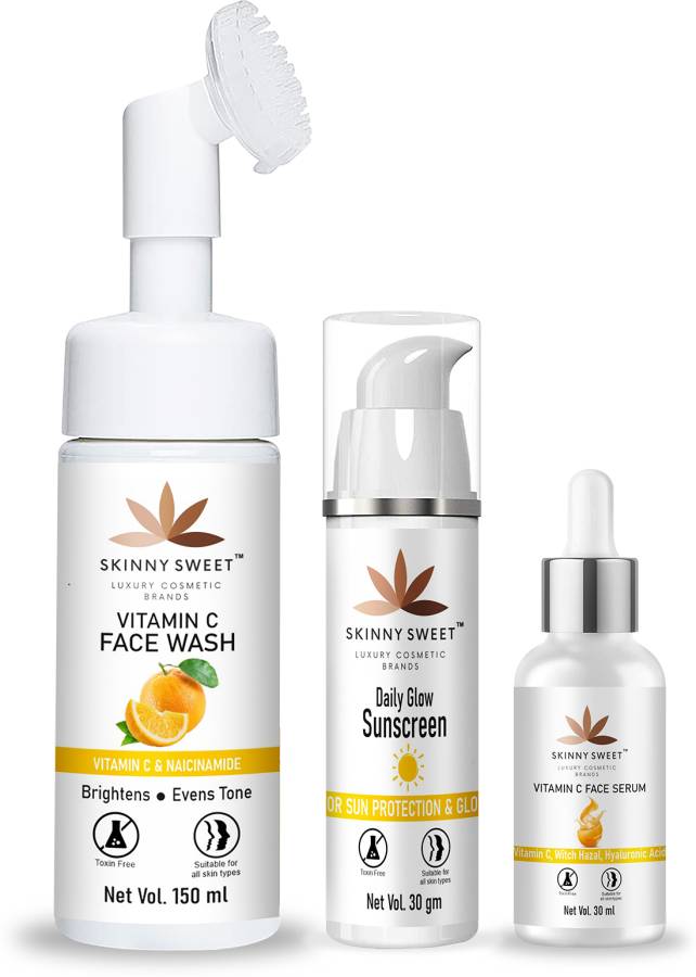 SKINNYSWEET Vitamin C Foaming Face Wash (150 ML) and Sunscreen 50 FPS+++ (30 mL) for Oily Skin and Vitamin C Serum (30 mL) for Glowing Skin Price in India